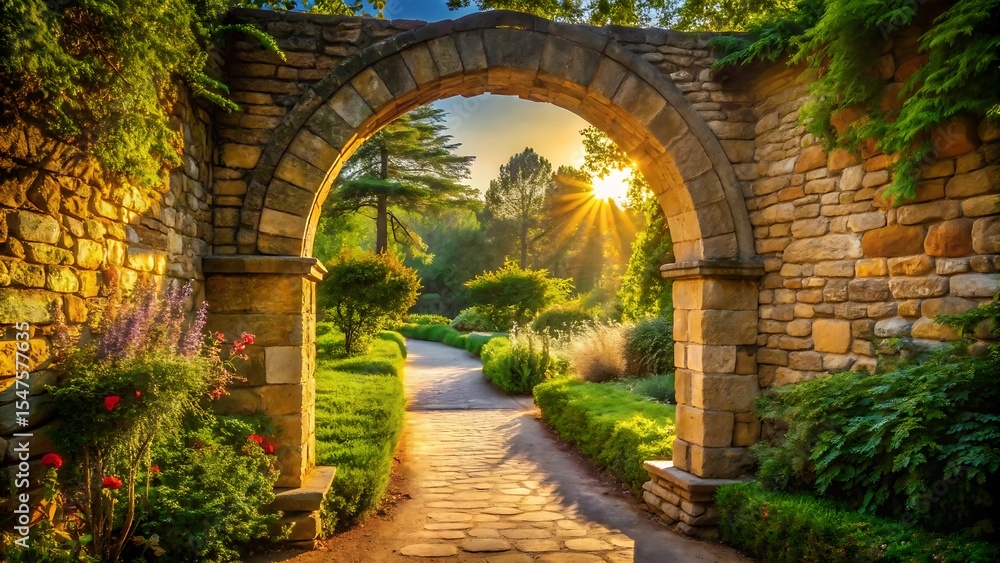 Fototapeta premium Sunlit Stone Archway Leading to a Garden Path