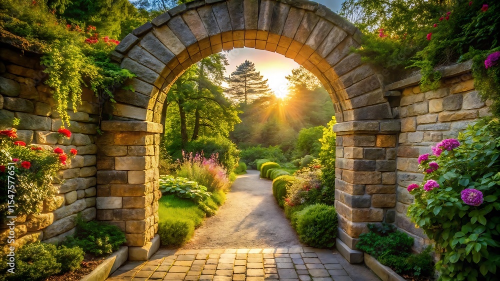 Fototapeta premium Sunlit Stone Archway Leading to a Garden Path