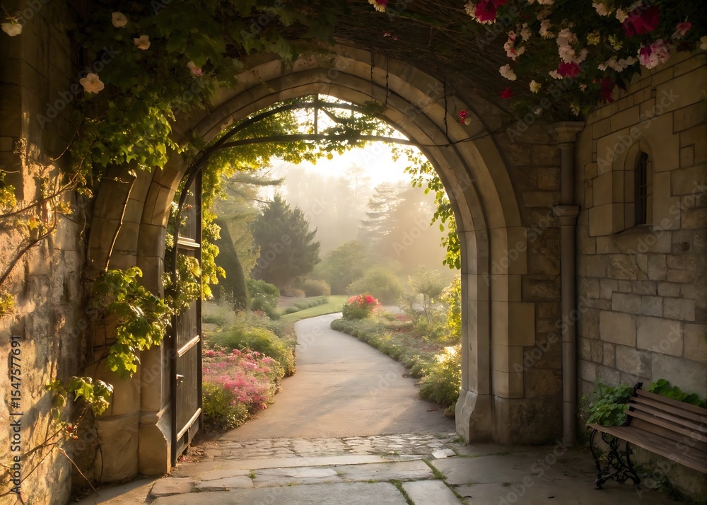 Fototapeta premium Sunlit Stone Archway Leading to a Garden Path