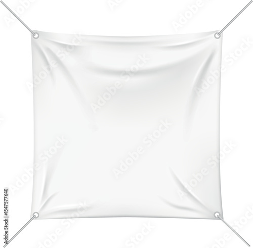 Realistic white vinyl or textile material poster on string, vector advertising banner, fabric square hanging on rope