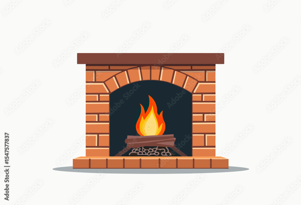 Fototapeta premium A cozy and classic brick fireplace with a warm, roaring fire, a perfect flat design icon symbolizing home comfort, warmth, and the winter season. 