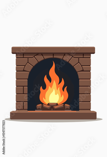 A classic brown brick fireplace with a roaring fire and glowing logs, a cozy and traditional vector illustration symbolizing home, warmth, and family gatherings.

