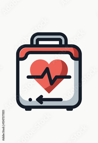 A modern icon of a portable defibrillator (AED) or first aid kit, featuring a heart and EKG line, a vital symbol for emergency medical response and cardiac care.
