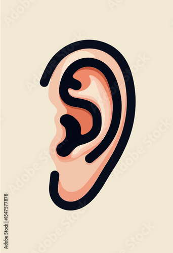 A simple and modern flat design icon of a human ear, a clean vector illustration symbolizing the sense of hearing, listening, communication, and auditory health.
