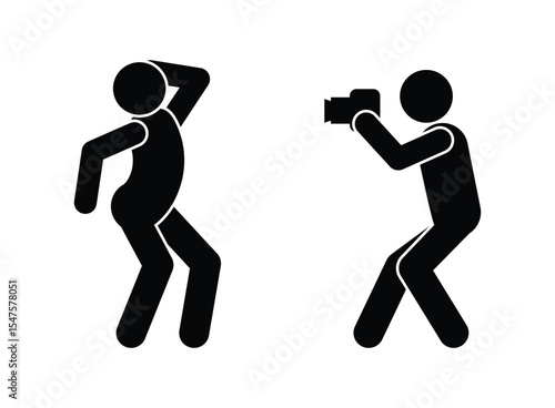 Photography stickman concept – one black stick figure poses while the other takes a photo. Isolated on white, minimal cartoon vector for creative scenes or funny illustrations.