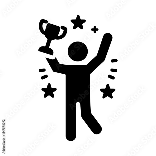Winner stickman icon holding trophy with raised hands. Black figure celebrating success. Minimal vector illustration symbolizing victory, achievement, and joy.