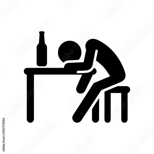 Drunk stickman sleeping at table with bottle. Black figure icon on white background. Minimal vector illustration showing alcohol abuse, tiredness, or hangover concept.