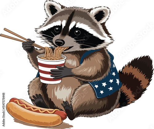 Patriotic Vector- Raccoon Eating Noodles and Hot Dog.