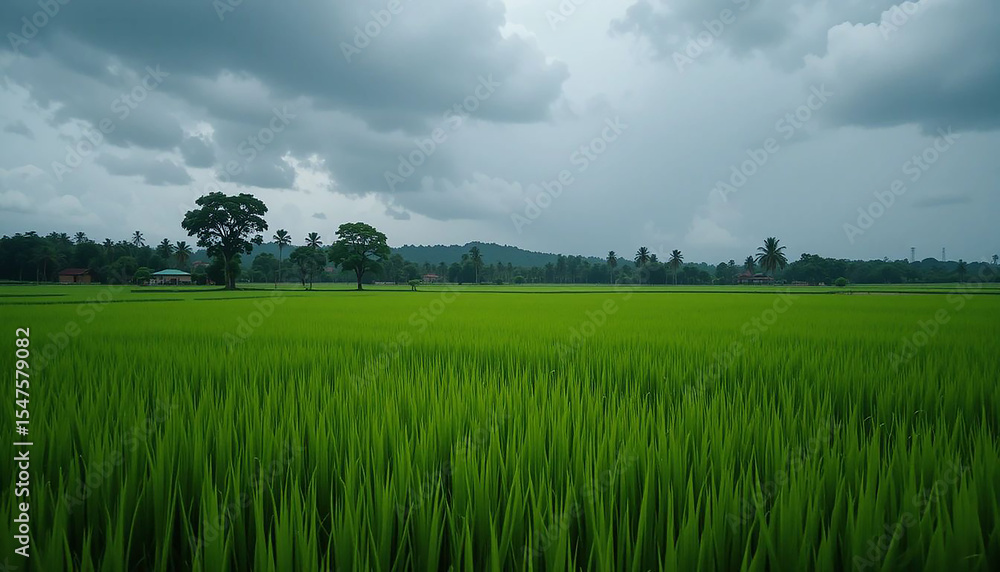 Fototapeta premium Panorama Green rice field with mountain background at Pa Pong Piang Terraces Chiang Mai, Thailand