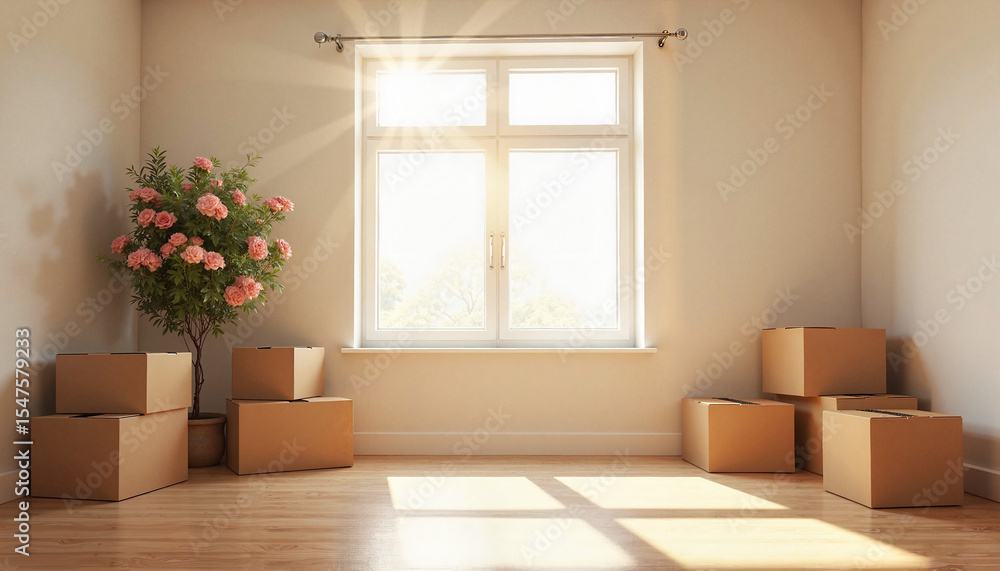 Fototapeta premium Room with moving boxes, beige and brown colors, relocation concept