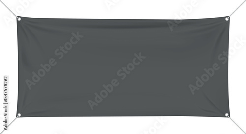 Realistic black vinyl or textile material poster on string, vector advertising banner, fabric square hanging on rope