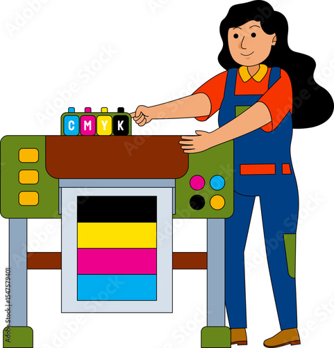 Technician Fixing a CMYK Printer Illustration