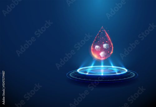 Blood drop with sugar cubes on futuristic podium Diabetes, blood sugar level, glucose monitoring, metabolic health concept