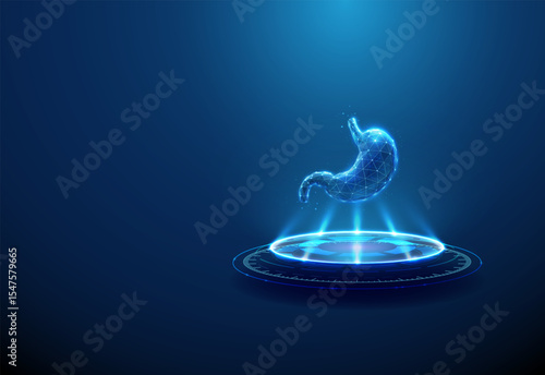 Stomach on futuristic podium. Digestive system, gastric diagnostics, biotech treatment, artificial organ technology concept.