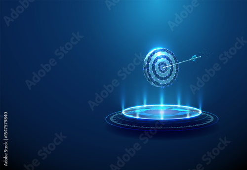 Target with arrow in the center on futuristic podium. Goal achievement, precision, success, strategic planning concept.