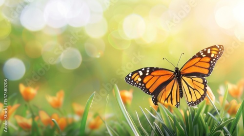 Monarch butterfly in a spring meadow. Soft focus, bright sunlight