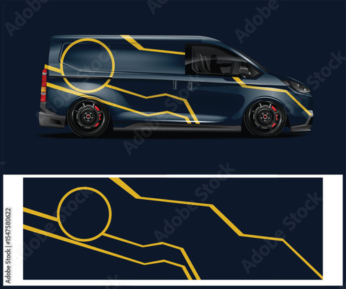 Blue and red van mockup with graphic design template for branding