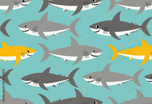 A cute and minimalist seamless pattern of friendly smiling sharks, featuring a standout yellow fish, ideal for modern nursery decor or children's textiles.
