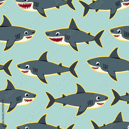 A cute and minimalist seamless pattern of friendly smiling sharks, featuring a standout yellow fish, ideal for modern nursery decor or children's textiles.

