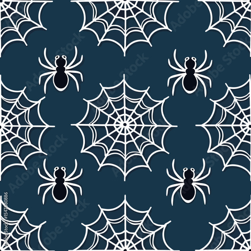 Create a spooky atmosphere with this modern seamless Halloween pattern, featuring intricate white spiderwebs and creepy black spiders on a dark teal background.
