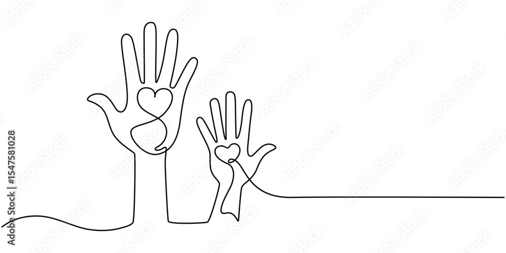 Fototapeta premium Hands up, raised up volunteering, audiences and teamwork continuous one line drawing. Graphic illustration, Hands Raised Continuous Line Icon for Volunteer, Togetherness topics, Human hands reaching
