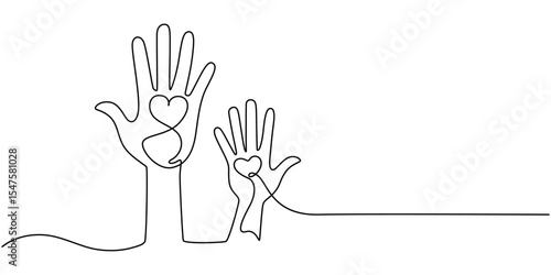 Hands up, raised up volunteering, audiences and teamwork continuous one line drawing. Graphic illustration, Hands Raised Continuous Line Icon for Volunteer, Togetherness topics, Human hands reaching