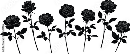 Black Rose Silhouette Vector Set, Floral Stem Collection, Botanical Line Art, Isolated Nature Illustration, Romantic Bloom Clipart, Decorative Flower Icons for Design