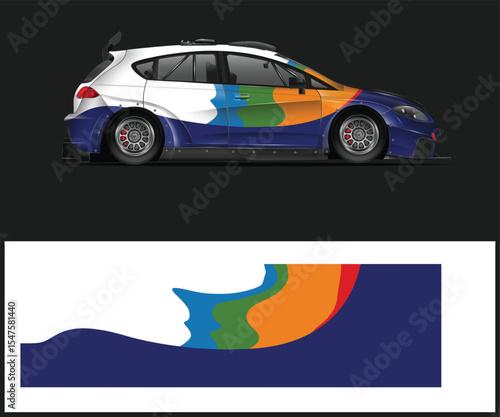 Blue and red van mockup with graphic design template for branding