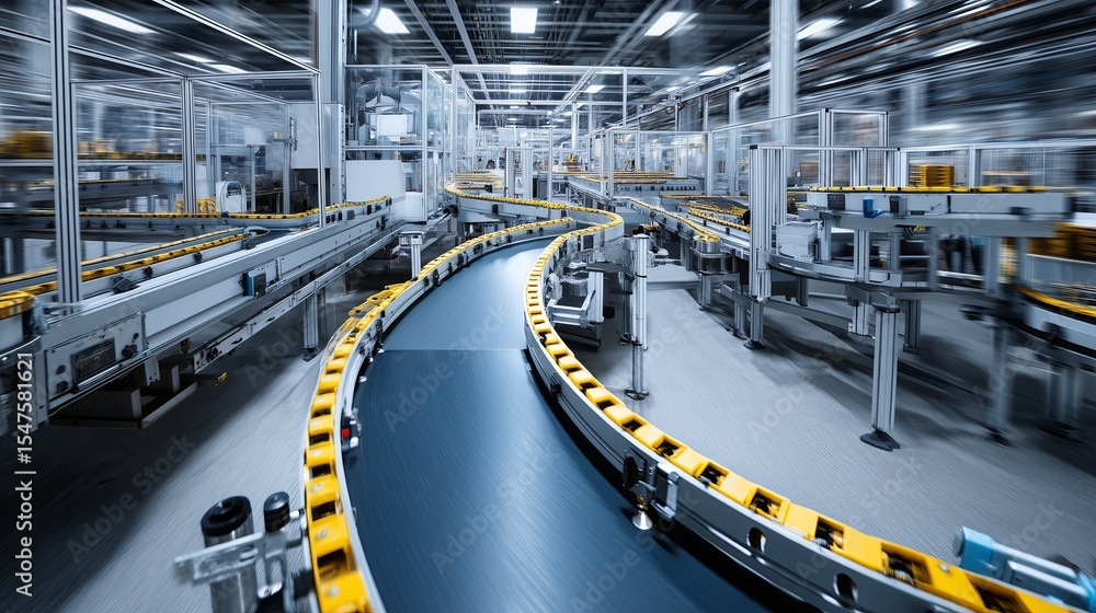 Fototapeta premium Automated Conveyor Belt System with Cardboard Boxes in Industrial Packaging Facility