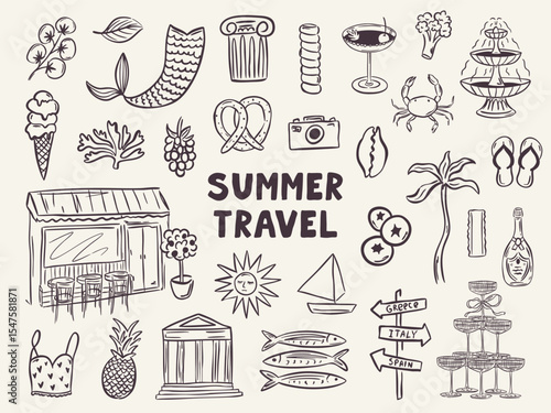 Whimsical hand drawn summer illustrations in trendy hand drawn style. Perfect doodle for quirky italian greece wedding  poster, dinner and bar menu, bachelorette party, birthday invitation, sign