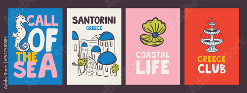 Whimsical hand drawn summer poster and postcard template in trendy hand drawn style. Perfect doodle for greece italian  restaurant and cafe, kitchen wall art, poster, party, birthday, sign