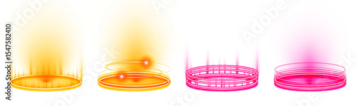 Futuristic neon portal with glowing energy circles on white background PNG. Sparks emphasize the teleportation process in high-tech style. Vector illustration for gamers.