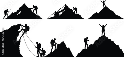Silhouette of Climbers Hiking Mountains, Adventure Challenge, Leadership, Teamwork, Reaching Summit, Rock Climbing Scene, Outdoor Exploration, Goal Achievement, Mountain Ascent, Success Symbol