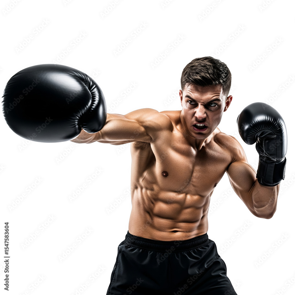 Muscular boxer punching with black gloves isolated on transparent background Muscular boxer punching with black gloves isolated on transparent background
