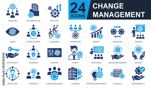 Change Management Icons set vector illustration. Containing teamwork, integration, human resources, mentoring, opportunity and more. Simple solid icons collection.