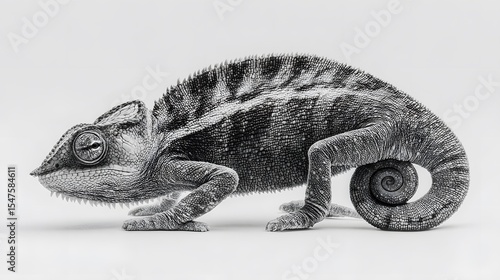 Elegant Minimalist Chameleon Art: A Timeless Black and White Portrayal Emphasizing Graceful Form and Subtle Sophisticated Details