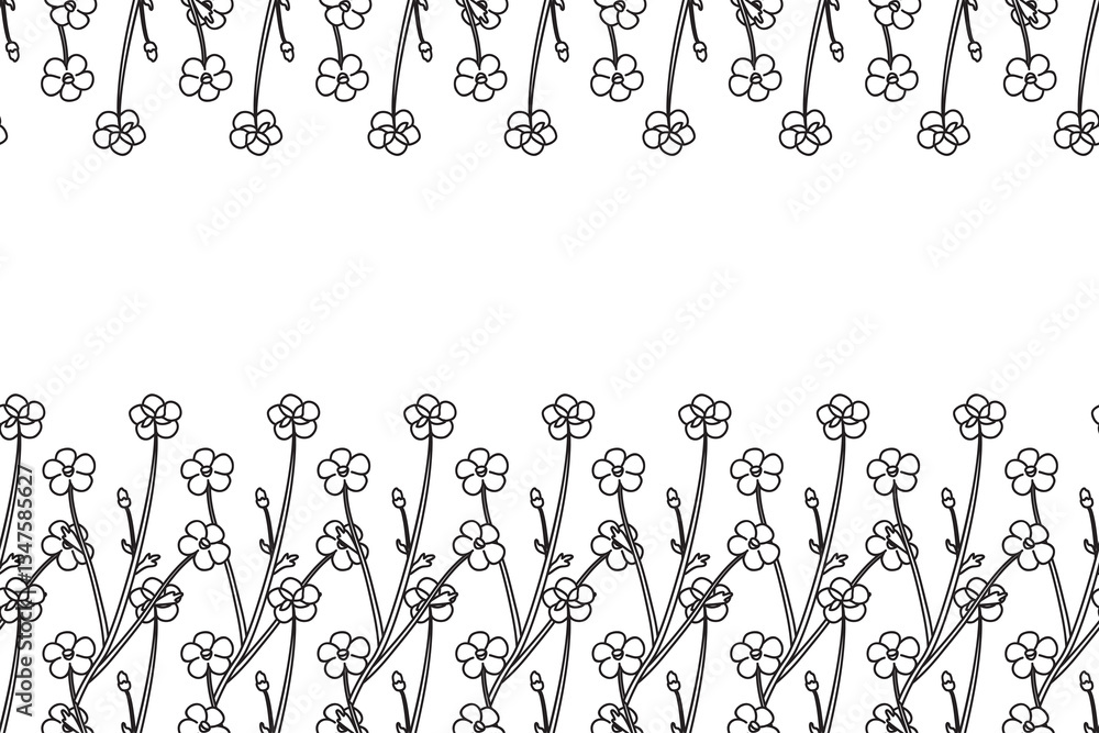 Line art botanical floral horizontal border with meadow flowers isolated on white background. Hand drawn outline little wildflowers vector illustration.Graphic design element for Birthday Wedding Card Line art botanical floral horizontal border with meadow flowers isolated on white background. Hand drawn outline little wildflowers vector illustration.Graphic design element for Birthday Wedding Card