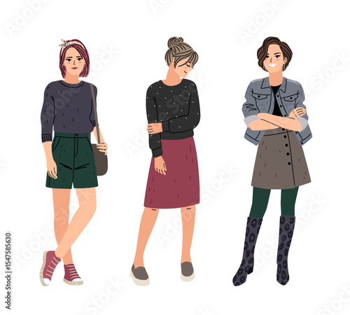 Fashion pretty woman in casual clothes. Beautiful female wardrobe vector illustration isolated on white background