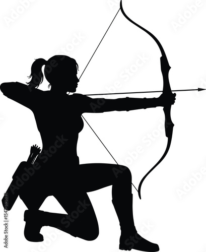 Silhouette of female archer aiming bow and arrow in kneeling position, strong woman warrior with archery gear, isolated vector for sports and training concept