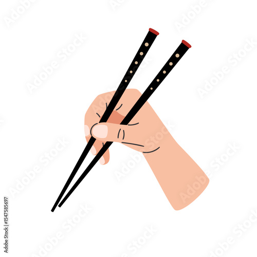 Hand with asian wooden chopsticks vector illustration