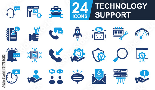 Technology support Icons set vector illustration. Containing call center, contact book, bot chat, maintenance support, information and more. Simple solid icons collection.