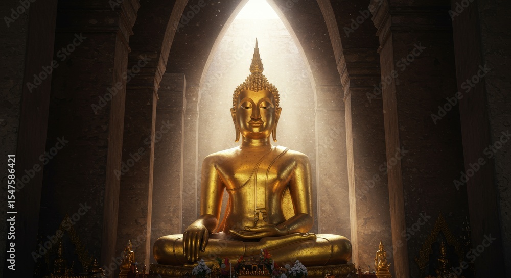 Fototapeta premium Golden Buddha Statue in Ancient Temple Peaceful Serenity