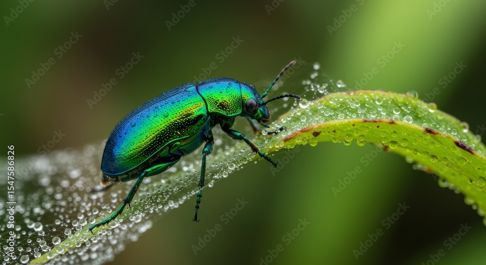 Fototapeta premium Vibrant Green Beetle on Dew-Covered Leaf