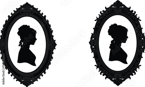 Vintage woman silhouette in ornate oval frame, classic Victorian portrait style illustration, antique cameo design for decoration, retro artwork, elegance, nostalgia, feminine beauty