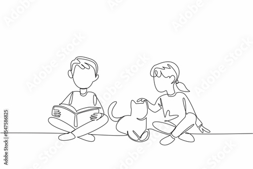 Continuous one line drawing a boy and girl sitting cross legged on the floor and boy is reading a book to cat. The cat lover. National Pet Parents Day. Single line draw design vector illustration