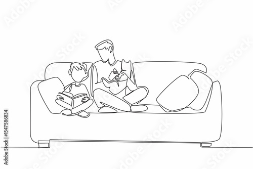 Single continuous line drawing father holding cat while watching his son reading a book. Very quality time together. Education. Knowledge. National Pet Parents Day. One line design vector illustration