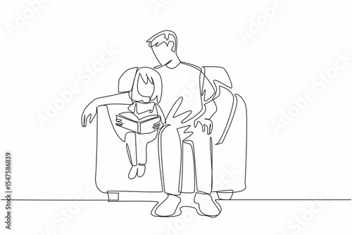 Single one line drawing a father sits on a single sofa with his daughter who is reading a book. Spending the weekend together. National Pet Parents Day. Continuous line design graphic illustration