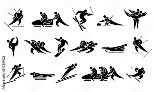 Winter sport icon set with people, black silhouette isolated on white. Biathlon, bobsled, curling, skating, skiing and snowboard athletes. Vector sign for winter sport games and Olympics design.