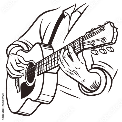 Black and White Line Drawing Acoustic Guitar Player Hands