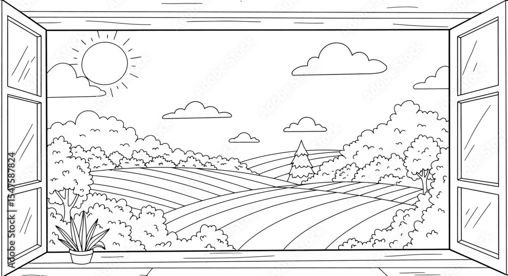 Obraz premium Scenic View Through an Open Window – Hand-Drawn Line Art Illustration